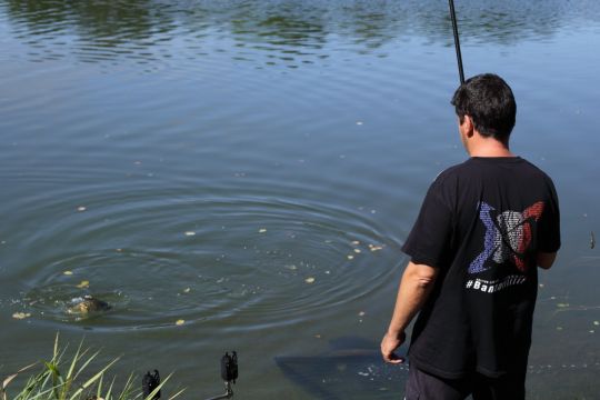 Un poisson déjà dans l'épuisette, l'autre arrive...