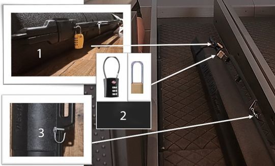 1 : Cadenas TSA standard – 2 : Cadenas TSA souple ou cadenas large – 3 : Clip de sécurité à laisser à portée de vue 