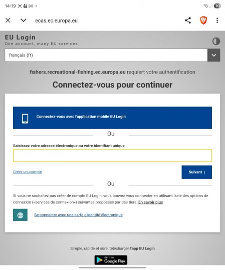 Le bouton bleu permet de se connecter rapidement avec l'application EU Login